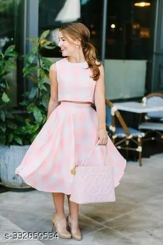 RAYON PINK CHECK CROP TOP AND SKIRT SET - Image 4