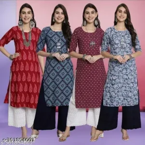Polyster/Crepe fabric-kurti |Latest Kurti|Women for Kurti|lowest price kurti|Women's kurta (pack 4)