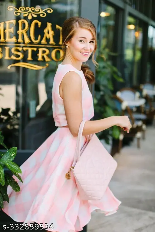 RAYON PINK CHECK CROP TOP AND SKIRT SET - Image 2