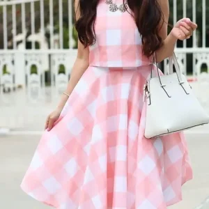 RAYON PINK CHECK CROP TOP AND SKIRT SET