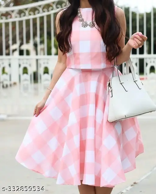 RAYON PINK CHECK CROP TOP AND SKIRT SET