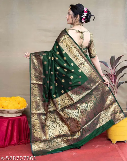 Green Banarasi Silk Saree with Golden Zari Border - Image 3