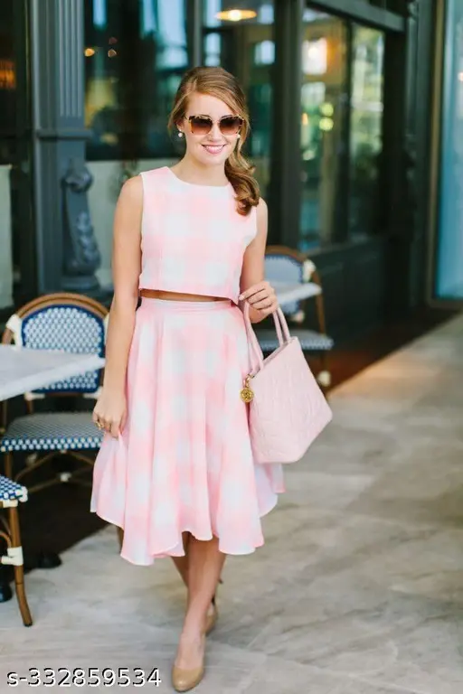 RAYON PINK CHECK CROP TOP AND SKIRT SET - Image 3