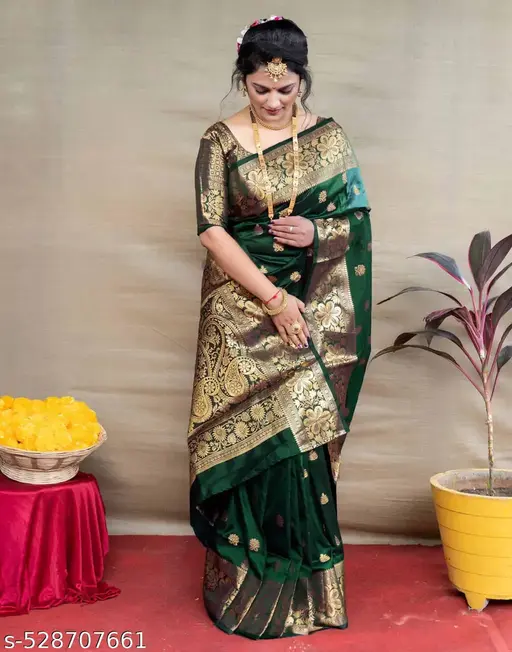 Green Banarasi Silk Saree with Golden Zari Border - Image 2