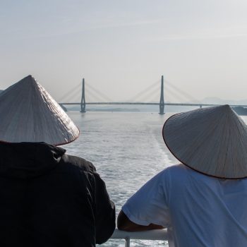 bridge, ship, nature, sea, hats, people